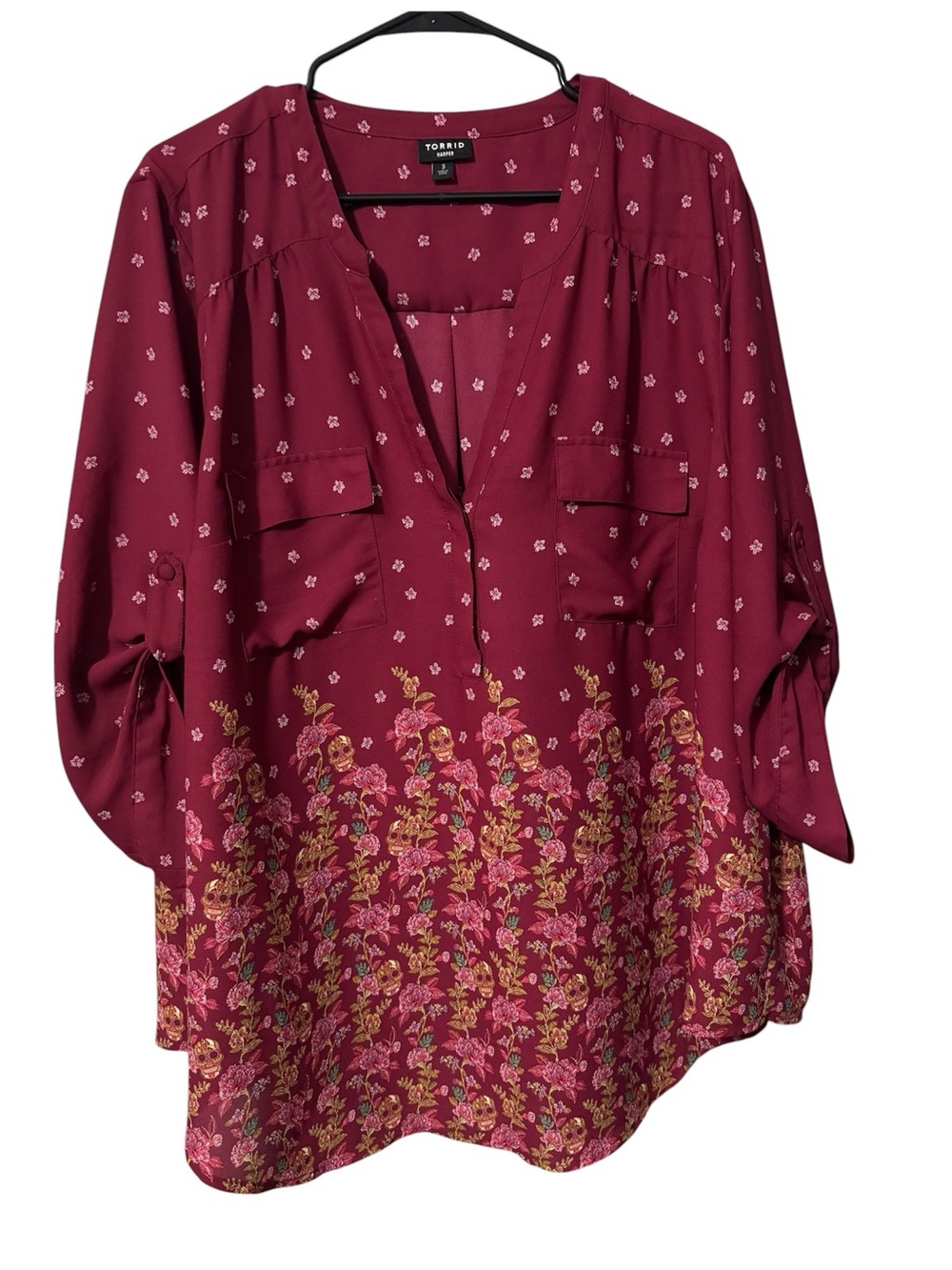 Torrid Harper Burgundy Floral Skull Print Blouse 3X